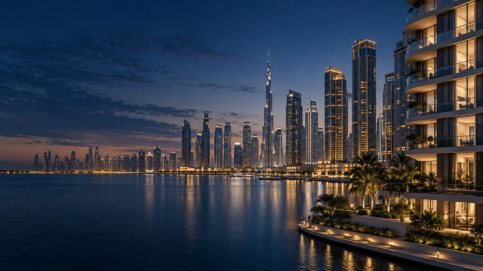 Dubai waterfront residential skyline at blue hour